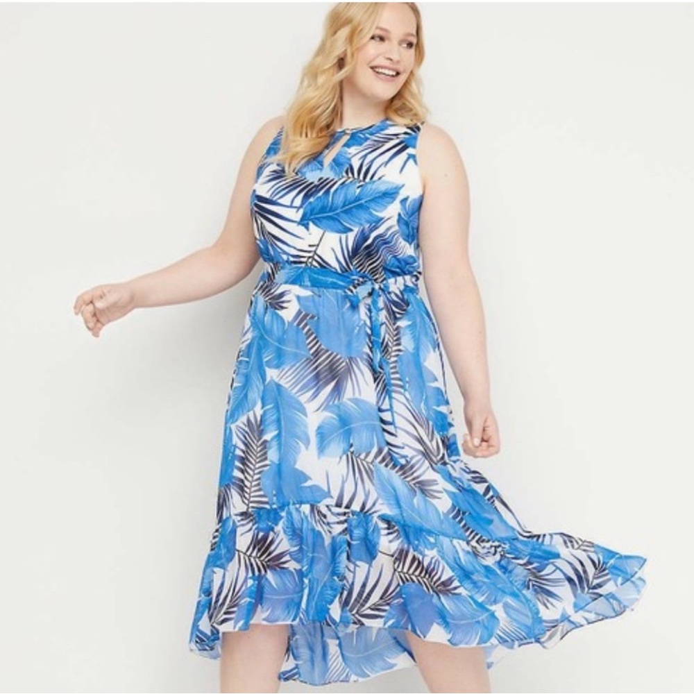 Lane Bryant Blue Tropical Leaf High-Low Midi Dress Size 24